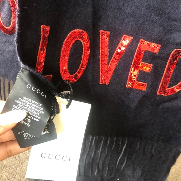 NWT ✨GUCCI✨ Authentic! Navy Blue cashmere and silk LOVED Sequin Scarf NWT - Picture 3 of 5